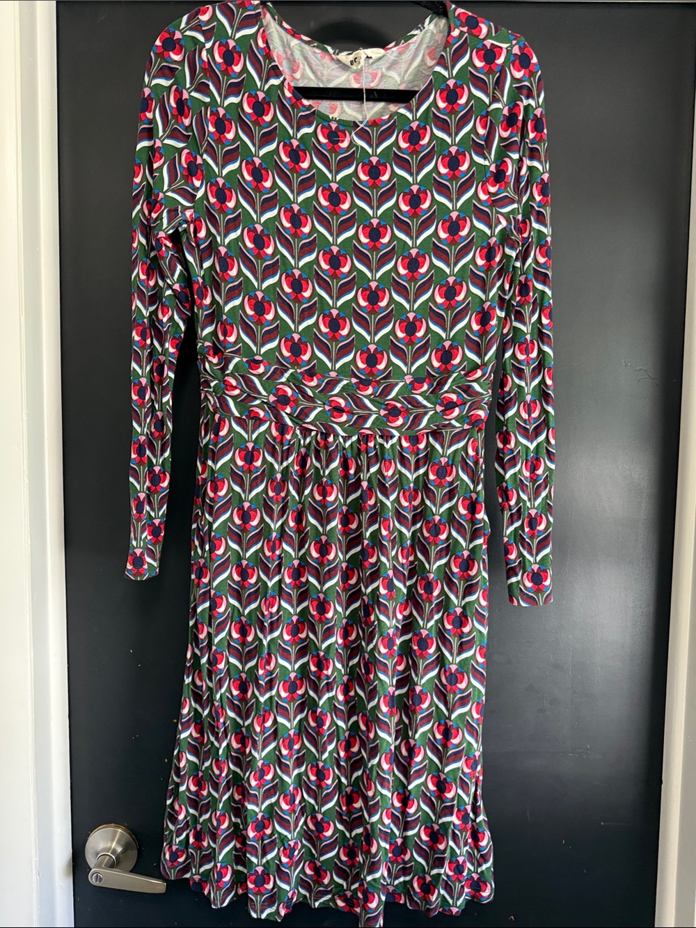 Boden Green and Pink Long-Sleeve Printed Midi Dress
